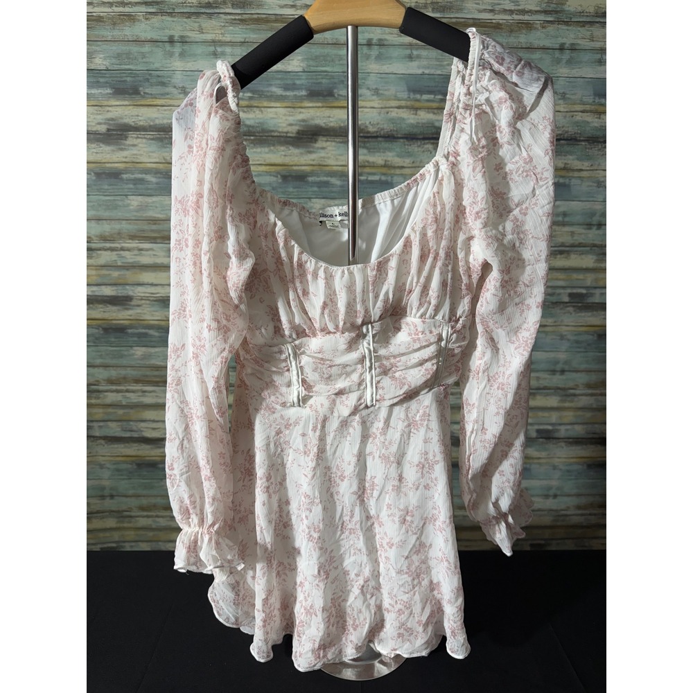 Allison + Kelly Mini Dress L Pink White Excellent Floral Square Neck Long Sleeve